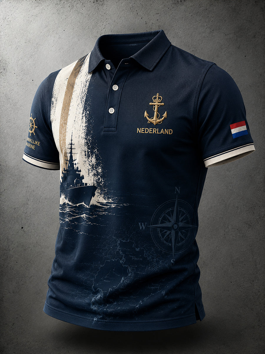 Herenpoloshirt met korte mouwen en retro marineprint