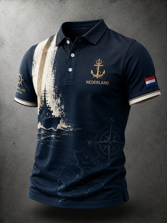 Herenpoloshirt met korte mouwen en retro marineprint