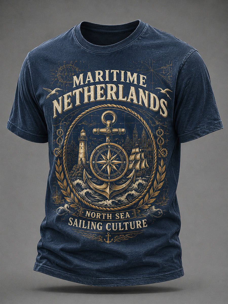Heren-T-shirt met retro marineprint en korte mouwen