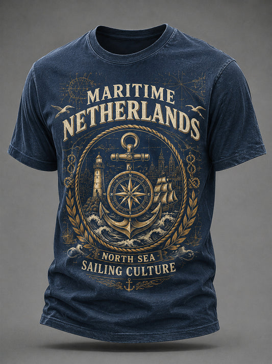 Heren-T-shirt met retro marineprint en korte mouwen