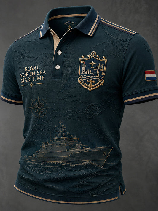 Herenpoloshirt met marineblauw motief en korte mouwen