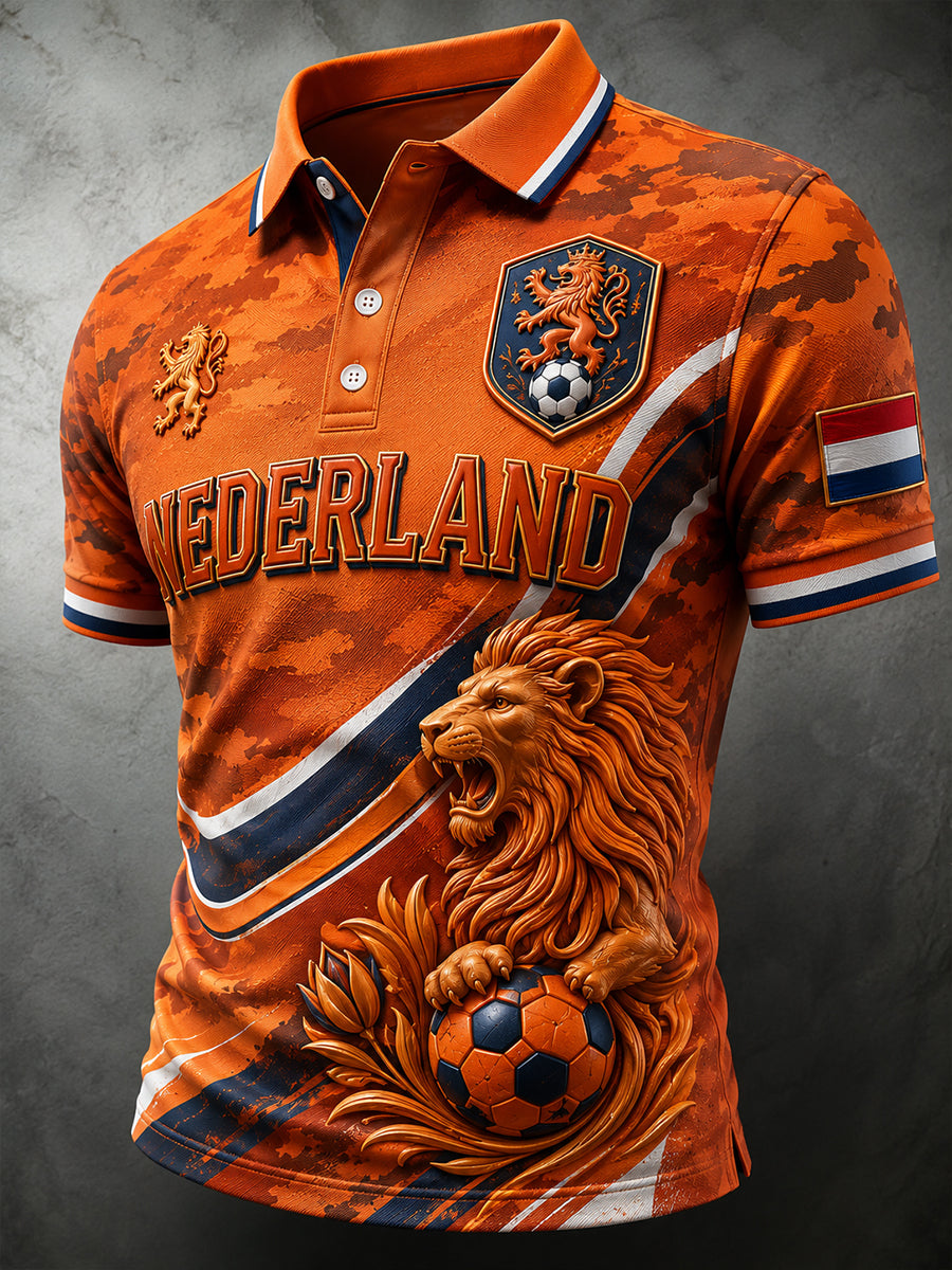 Herenpoloshirt met korte mouwen en leeuwenprint in contrasterende kleuren
