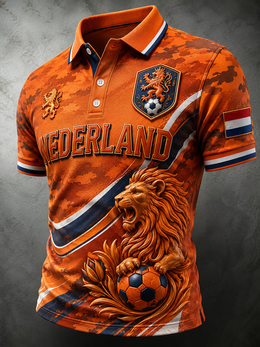 Herenpoloshirt met korte mouwen en leeuwenprint in contrasterende kleuren