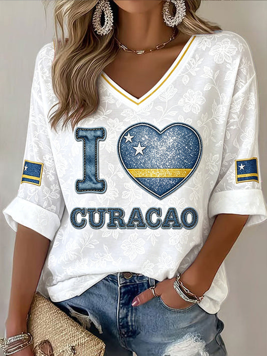 Curaçao dames vlag Casual witte V-hals T-shirt met bloemenprint