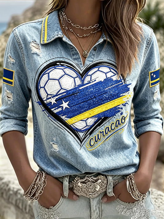 Curaçao liefdadigheid 3D denim-effect print casual polo T-shirt