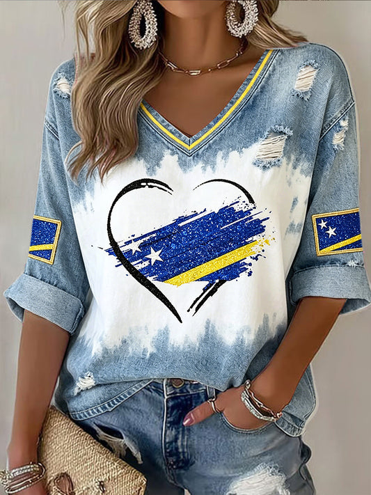 Curaçao dames vlag met hart-patroon gradiëntprint casual V-hals T-shirt
