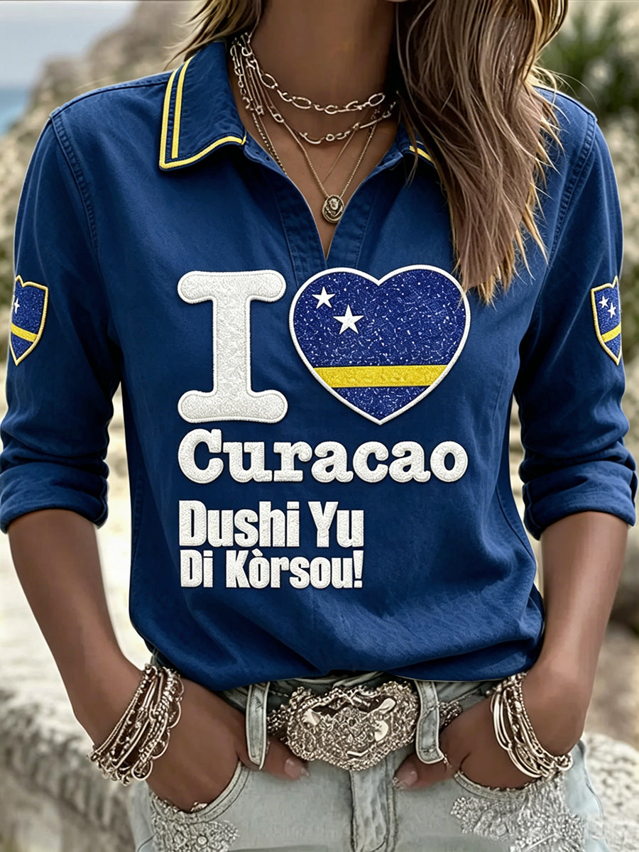 Dames Deep Blue Curaçao Vlag Print Casual Polo T-shirt