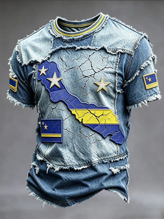 Curaçao vlag kaart denim stijl patchwork print casual T-shirt