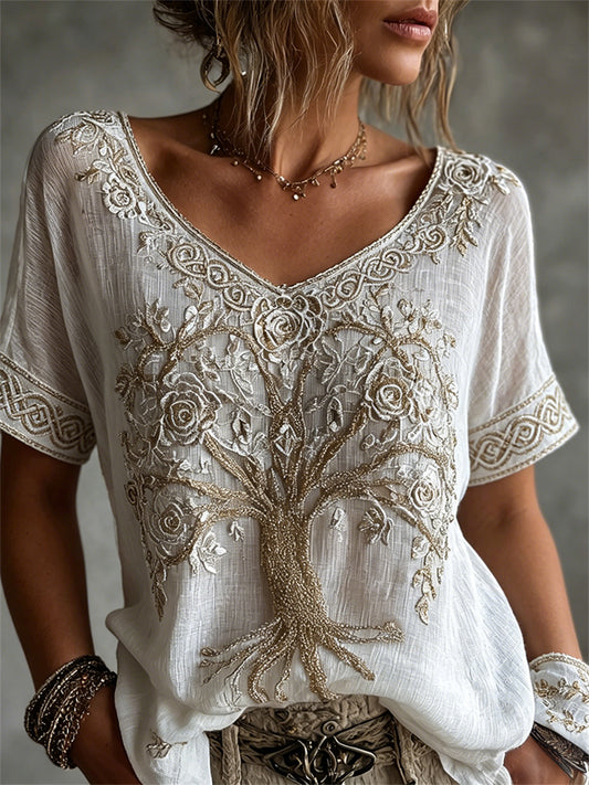 Dames Vintage Viking Levensboom met Rozen Keltische print linnen T-shirt met korte mouwen
