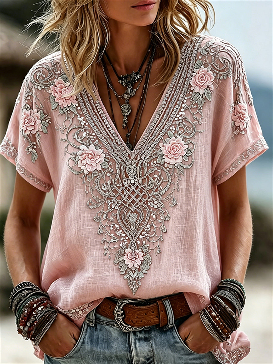 Dames Viking Keltische knoop Boho bloemenprint linnen T-shirt met korte mouwen