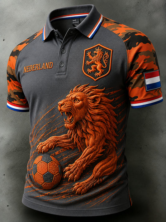 Herenpoloshirt met korte mouwen en print van een leeuw en een voetbal