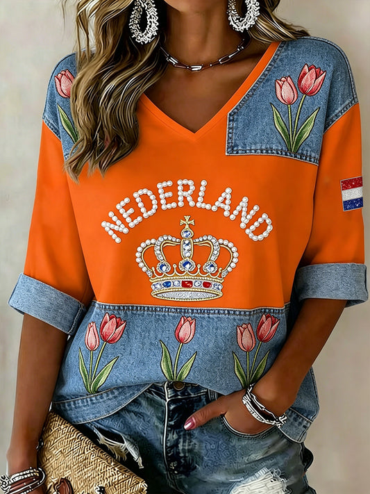 Dames Denim Patchwork Top met Lovertjes en Bloemenprint en V-hals