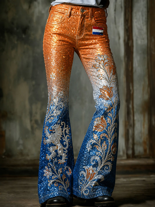 Dames leeuw en bloemenprint met lovertjes