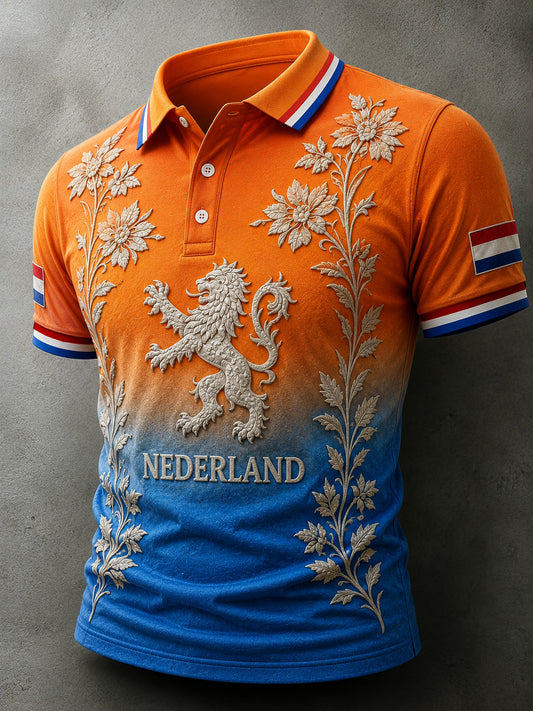 Herenpolo met korte mouwen en leeuwen- en bloemenprint