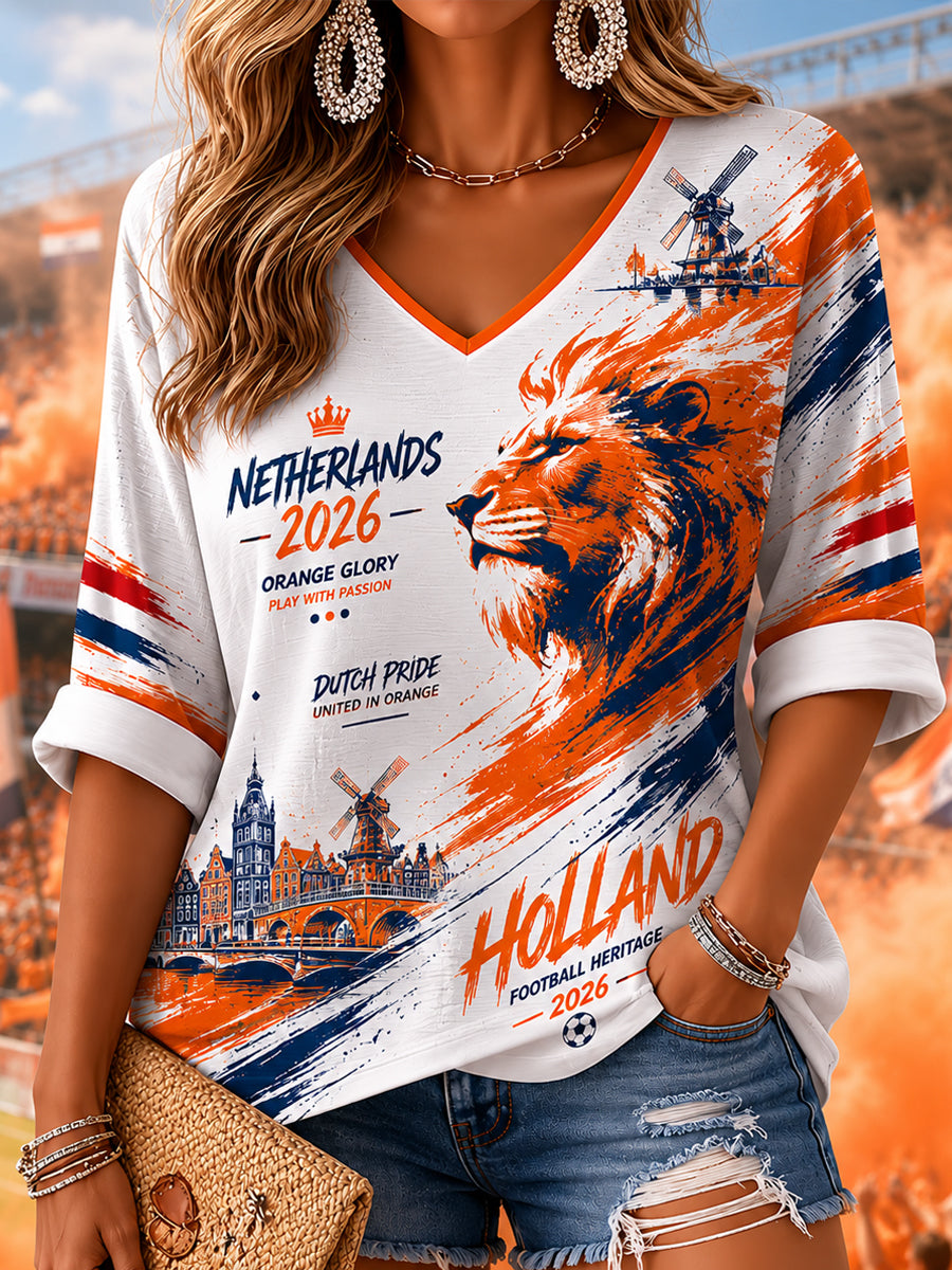 Damescadeau voor voetbalfans T-shirt met print, casual, middellang, mouwen en V-hals