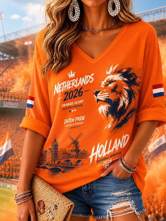 Damescadeau voor voetbalfans T-shirt met print, casual, middellang, mouwen en V-hals
