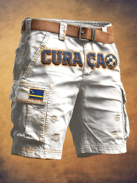 Curaçao voetbal vintage print casual witte werkshorts voor heren