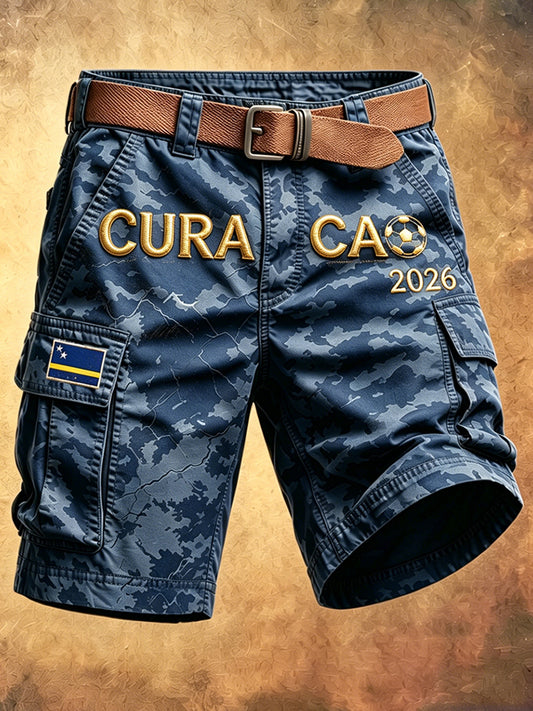 Herenblauwe camouflage Curaçao voetbalprint casual werkshorts