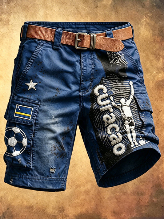 Herenblauwe camouflage Curaçao voetbal vintage print casual werkshorts