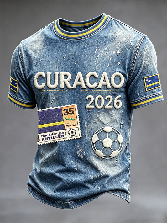 Blauw 2026 Curaçao Op voetbal geïnspireerde denimprint casual T-shirt voor heren