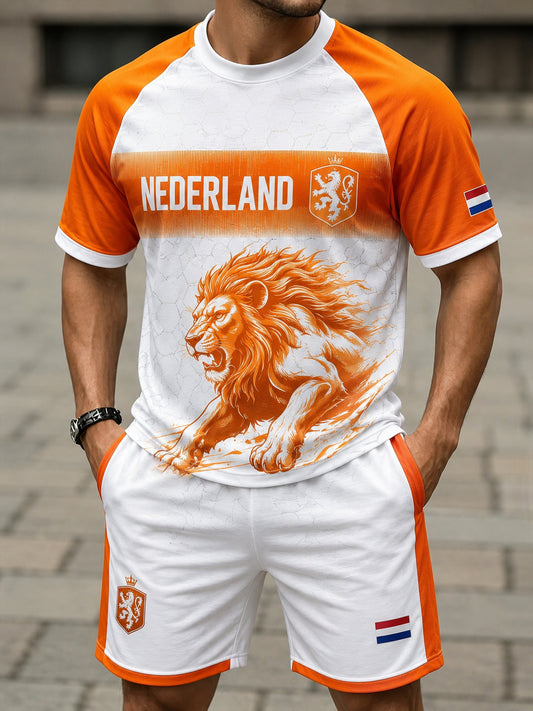 Herenpoloshirtenset met korte mouwen en leeuwenprint voor voetbal