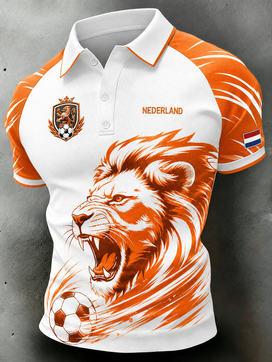 Herenpoloshirt met korte mouwen en voetballeeuwenprint