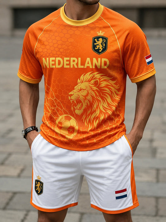 Herenpoloshirtenset met korte mouwen en leeuwenprint voor voetbal
