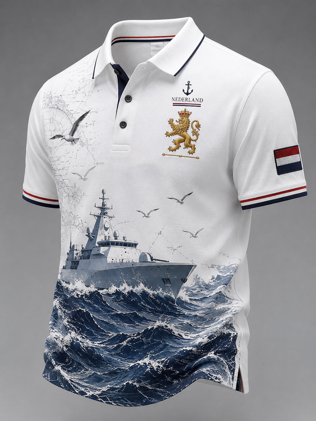 Herenpoloshirt met marineblauw motief en korte mouwen