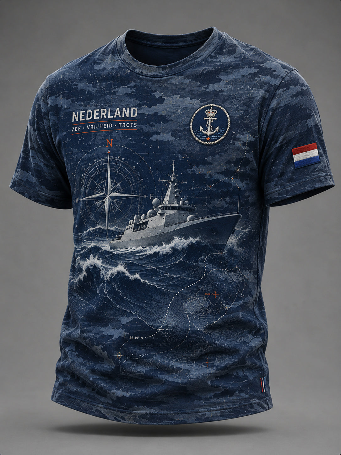 Heren-T-shirt met marineblauw motief en ronde hals