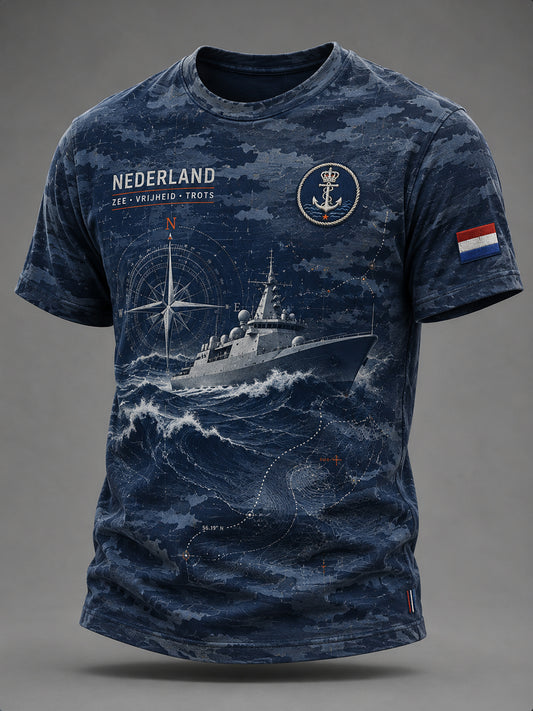 Heren-T-shirt met marineblauw motief en ronde hals