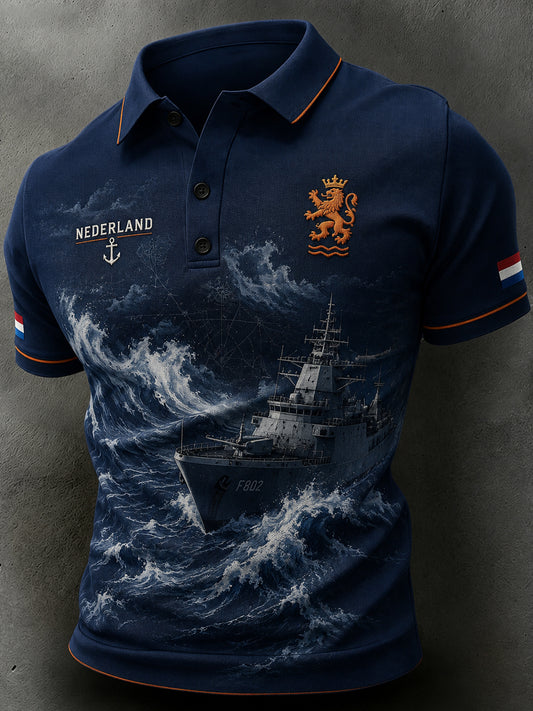 Herenpoloshirt met marineblauw motief en korte mouwen
