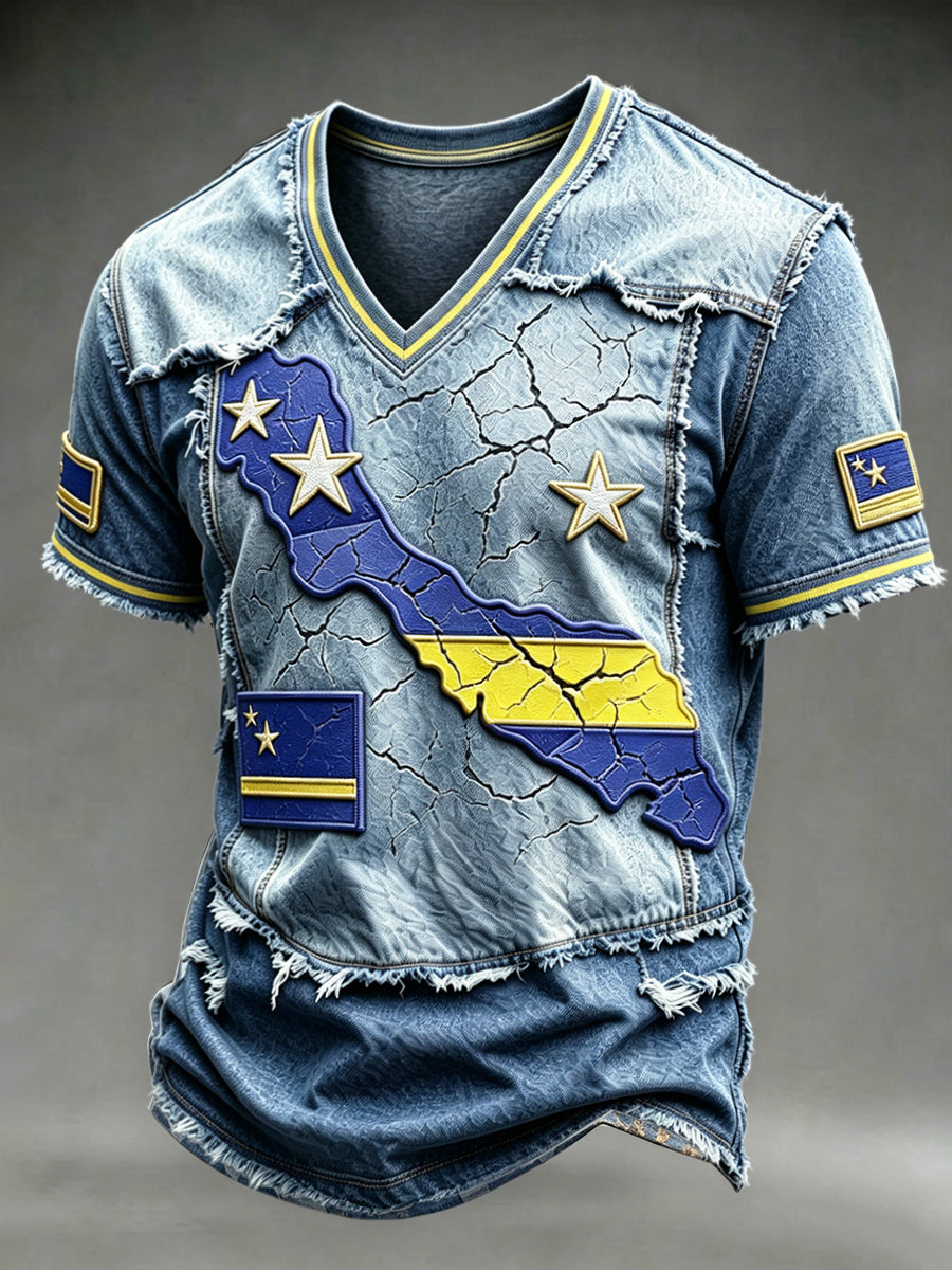 Curaçao kaart denim patchwork print casual V-hals T-shirt