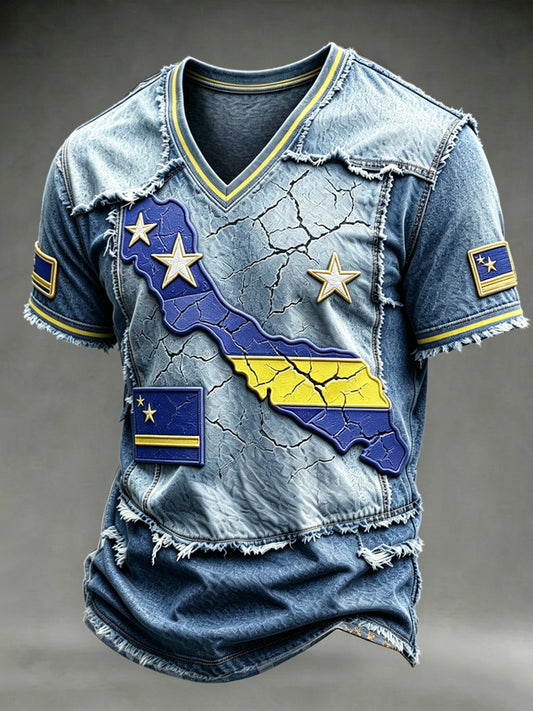 Curaçao kaart denim patchwork print casual V-hals T-shirt