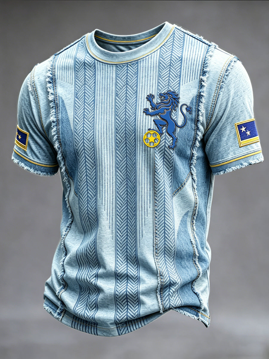 Curaçao gestreepte denim patchwork print casual t-shirt