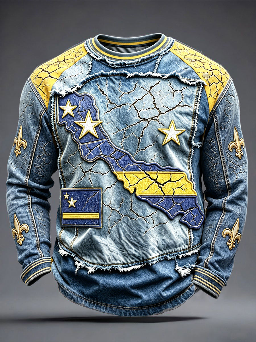 Curaçao denim patchwork 3D-print casual T-shirt met lange mouwen
