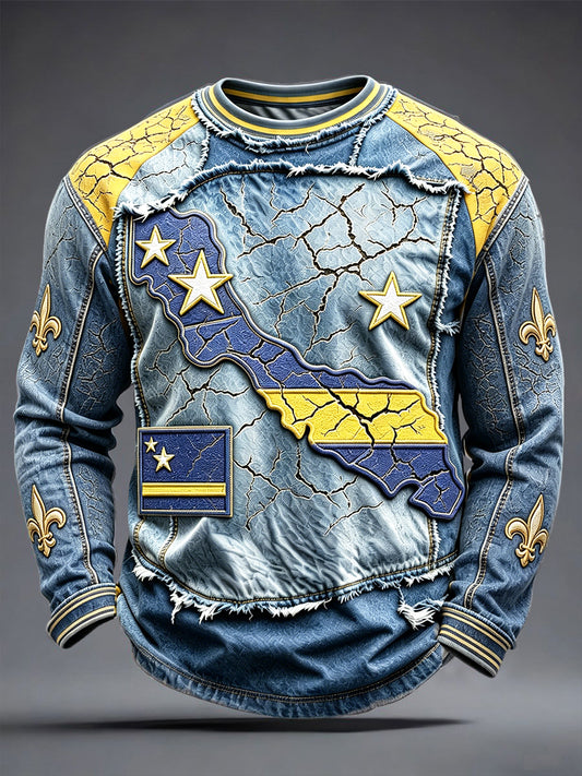 Curaçao denim patchwork 3D-print casual T-shirt met lange mouwen