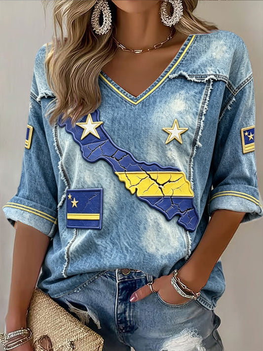 Curaçao kaart denim patchwork print casual V-hals T-shirt