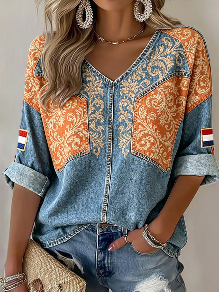 Dames Nederlandse Bloemen Denim Patchwork Print Casual V-hals T-shirt