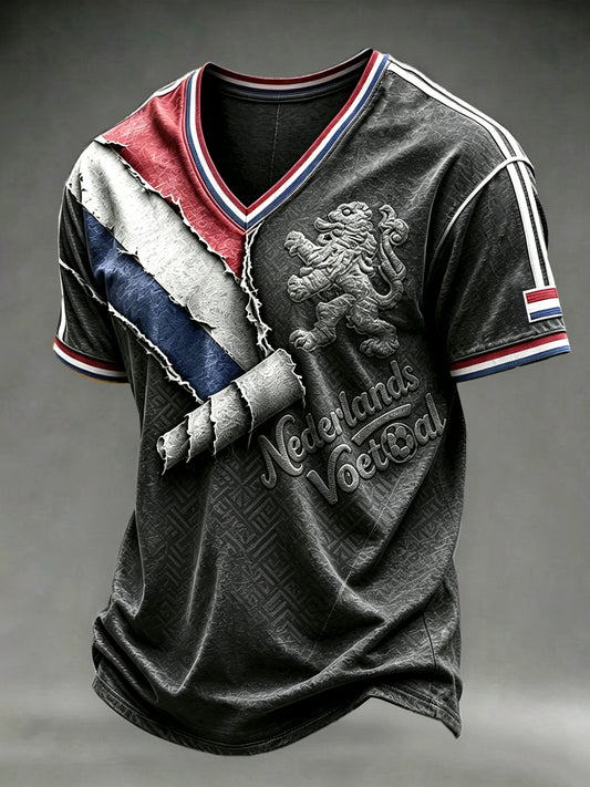 Heren Nederlandse Vlag Retro Print zwart casual V-hals T-shirt