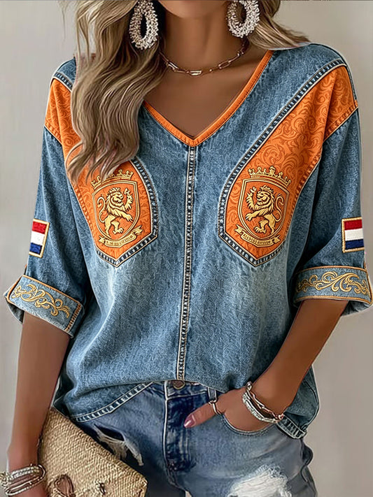 Dames Nederlandse Vlag Patchwork Print Casual V-hals T-shirt