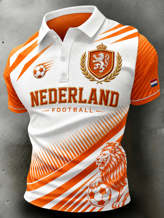 Herenpoloshirt met korte mouwen en print van een leeuw en een voetbal