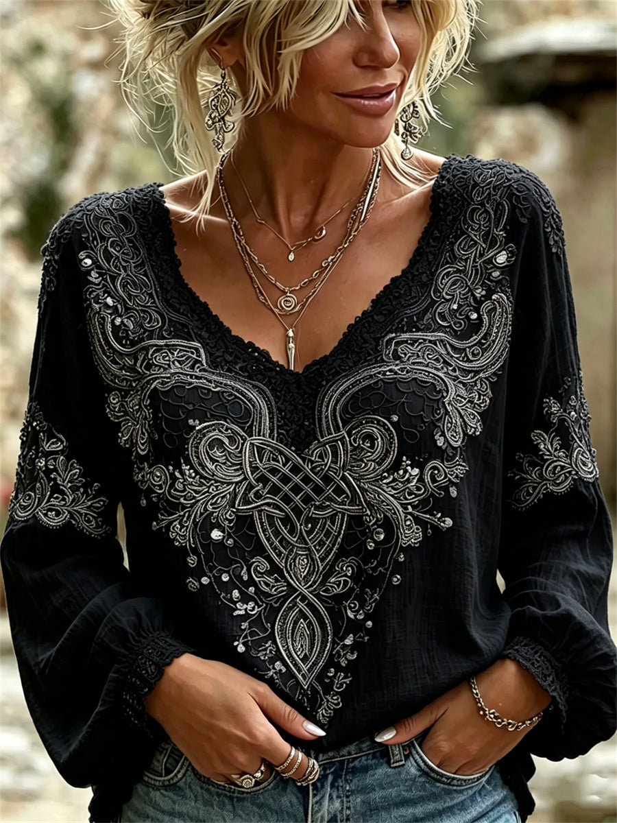 Damesstijlvolle vikingse katoenen-linnen blouse met Keltisch knoopmotief en bloemenkantprint