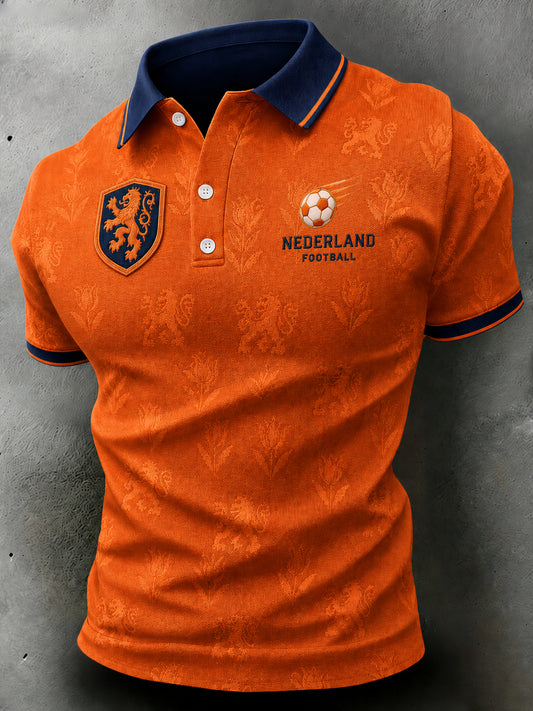 Herenpoloshirt met korte mouwen en print van een leeuw en een voetbal