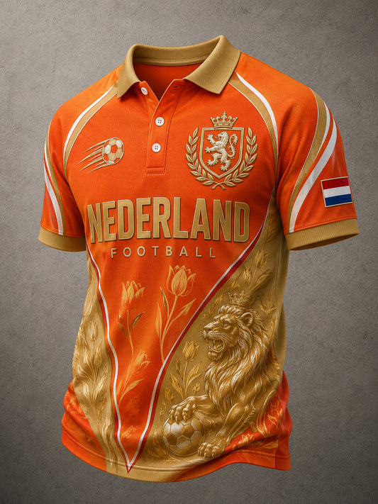 Heren tulp leeuw en voetbal print poloshirt met korte mouwen