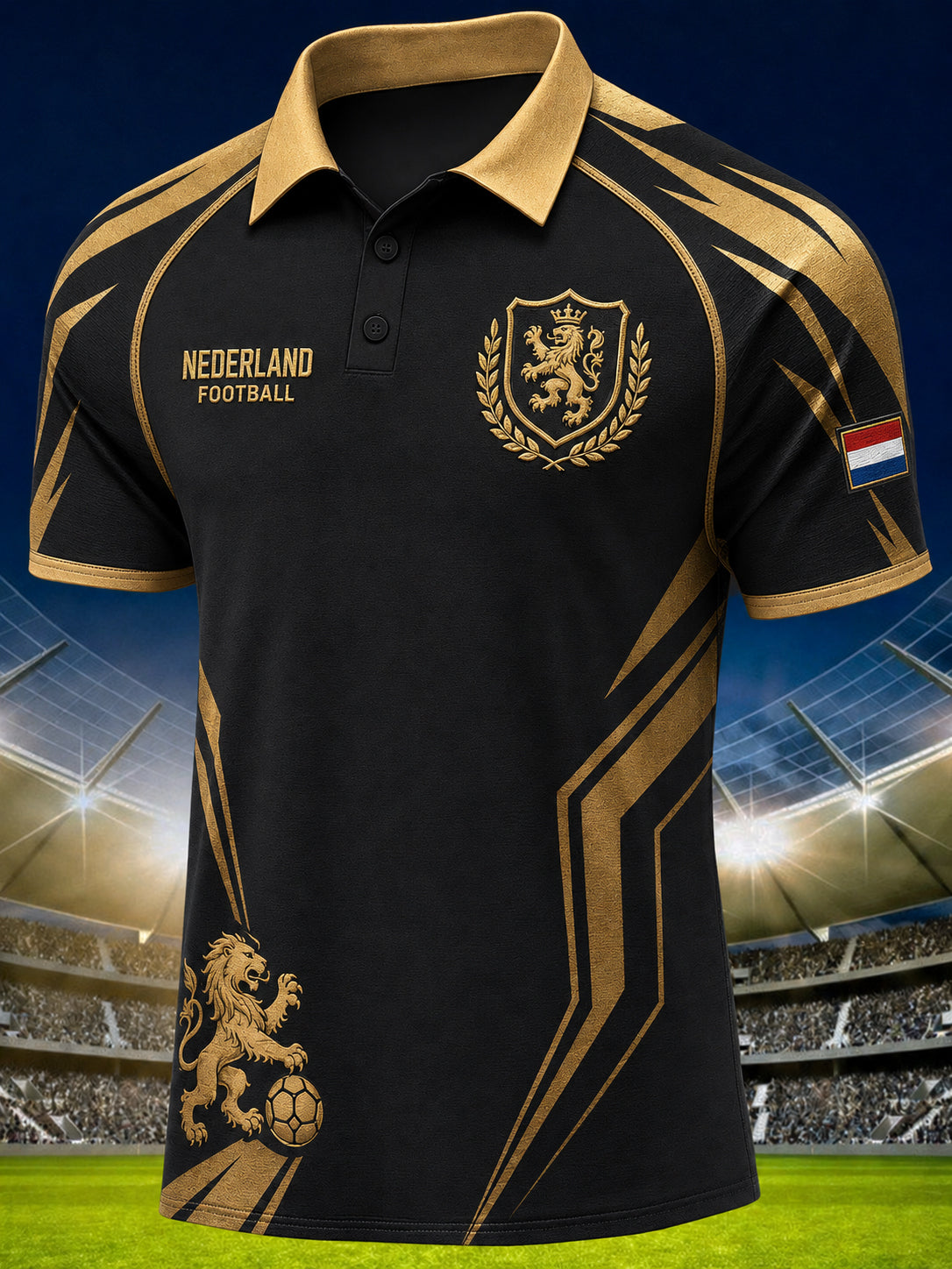 Herenpoloshirt met korte mouwen en print van een leeuw en een voetbal