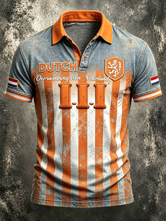 Nederlands voetbal-geïnspireerde denim gestreept casual poloshirt voor heren
