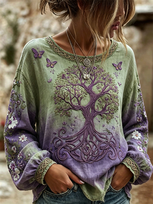 Dames viking levensboom vlinders bloemenprint gradiënt katoen-linnen shirt