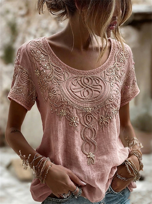Vintage Viking Keltische knoop-en bloemenprint linnen T-shirt met korte mouwen voor dames