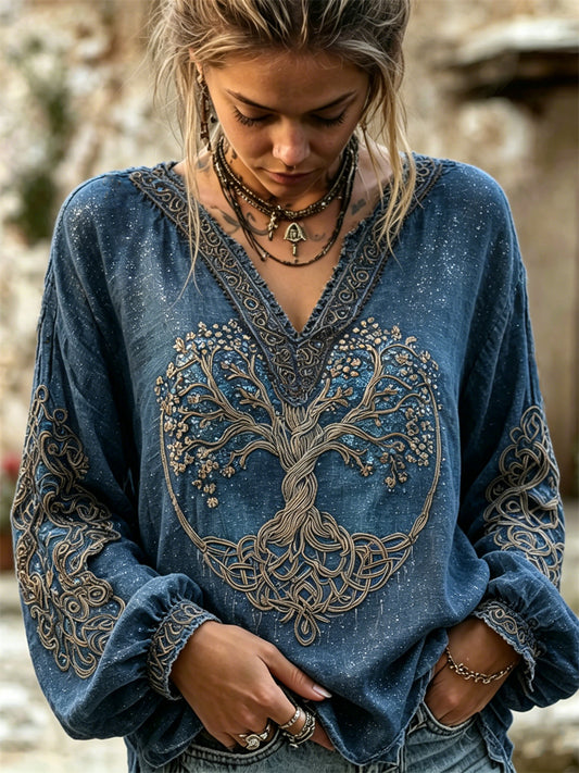 Klassieke Viking Levensboom voor dames Keltische glitterprint katoenen linnen shirt