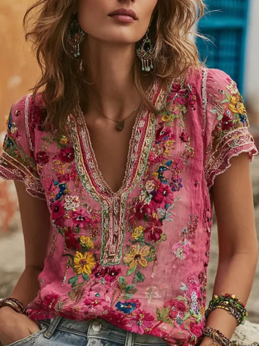 Boheemse dames-T-shirt van linnenmix met bloemenborduursel, patchwork en V-hals